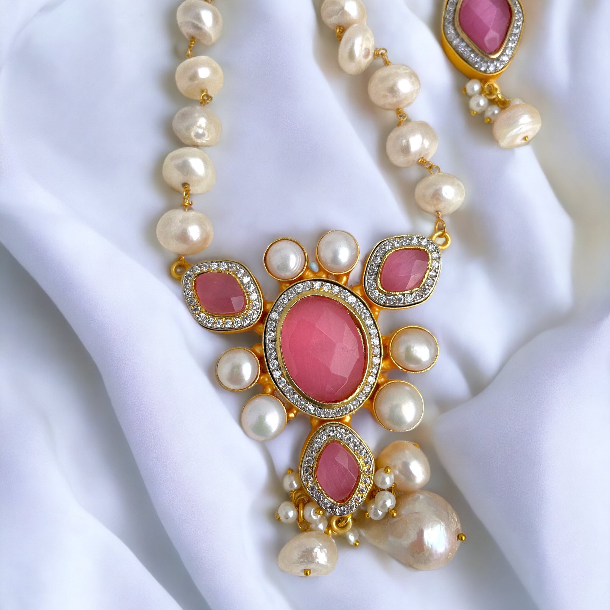 Pearl Long Necklace with Pink stones