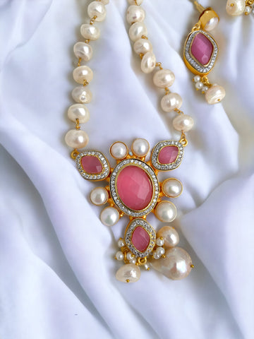 Pearl Long Necklace with Pink stones