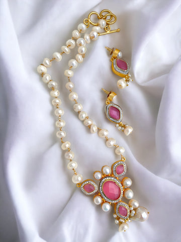 Pearl Long Necklace with Pink stones