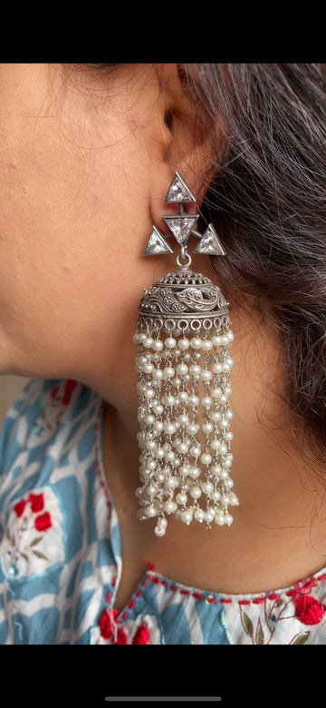 Oxidised Zirconia studded Shoulder length Jhumka