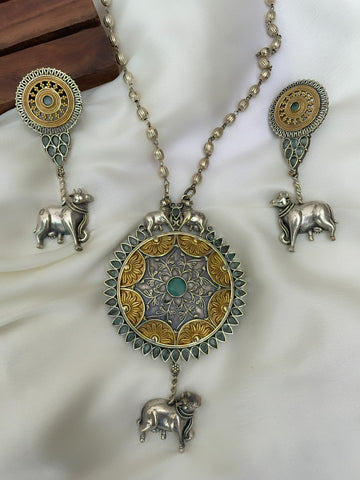 Silver lookalike Holy cow long necklace set