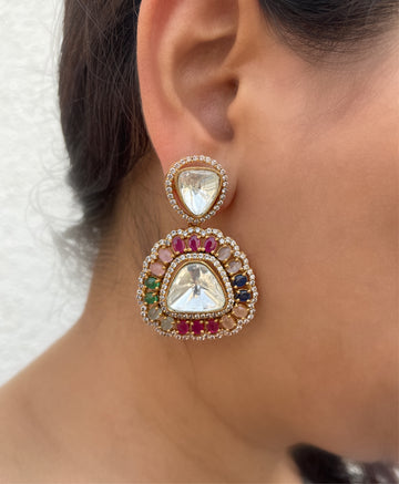 Gold Plated Layered Polki Multi Colour Stone Drop Earring