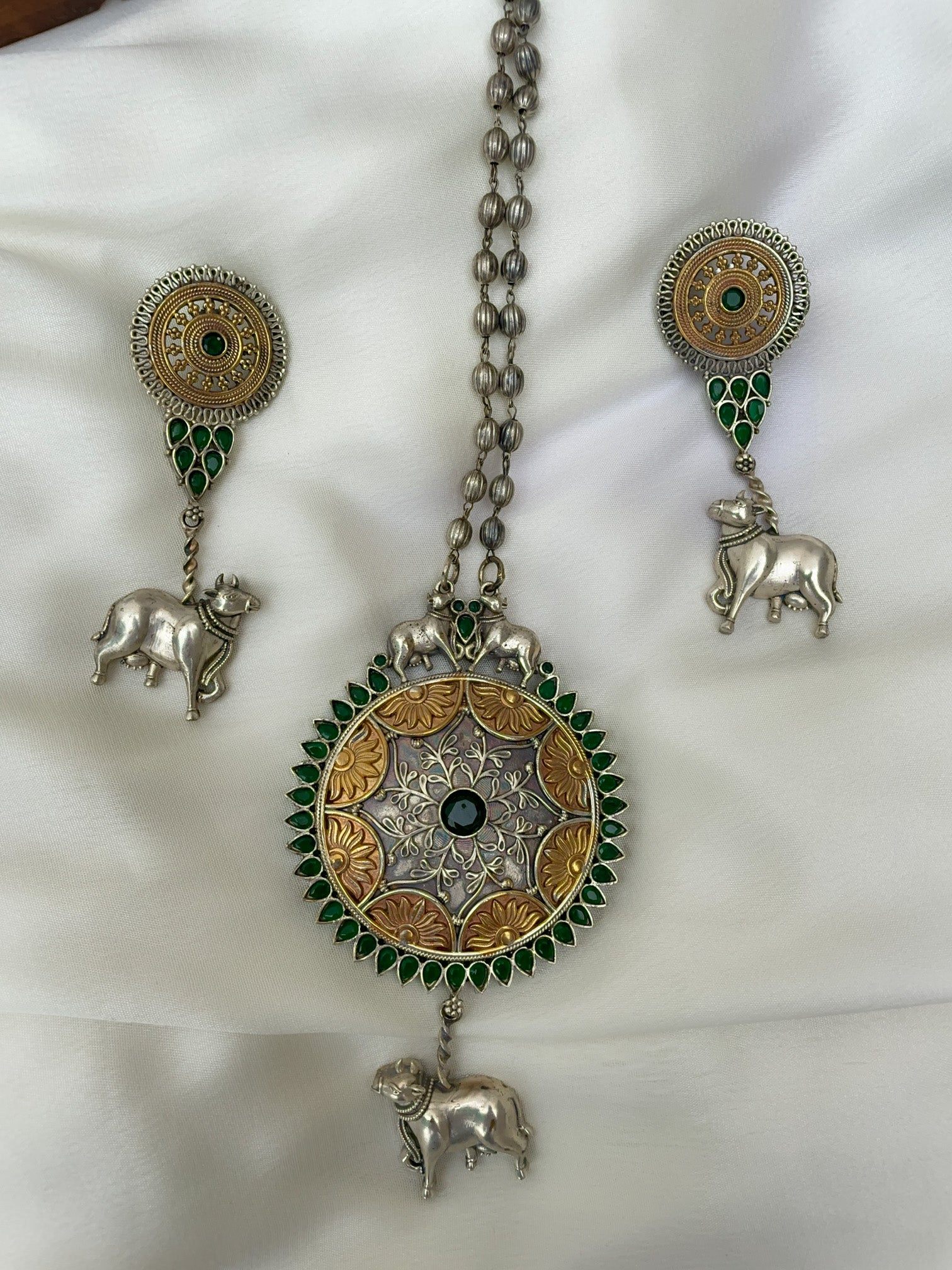 Silver lookalike Holy cow long necklace set