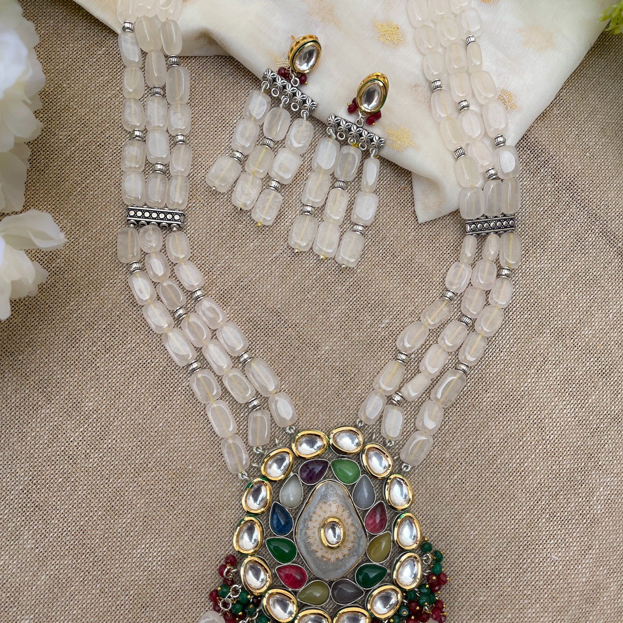 Nisargi Semi precious stones Kundan pendant long necklace