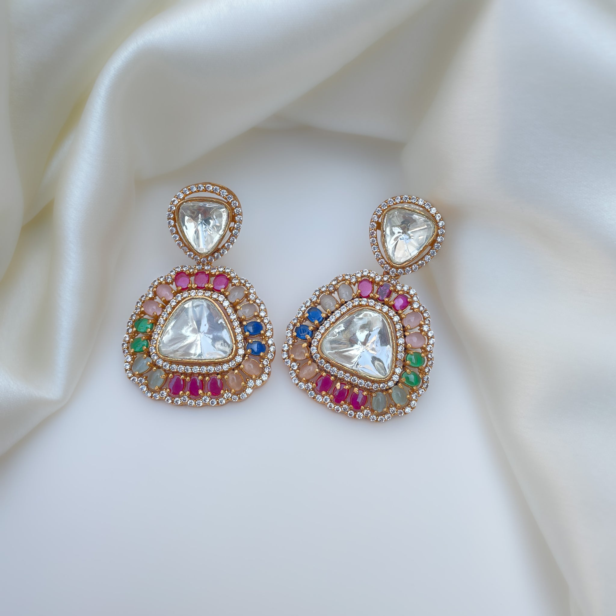 Gold Plated Layered Polki Multi Colour Stone Drop Earring