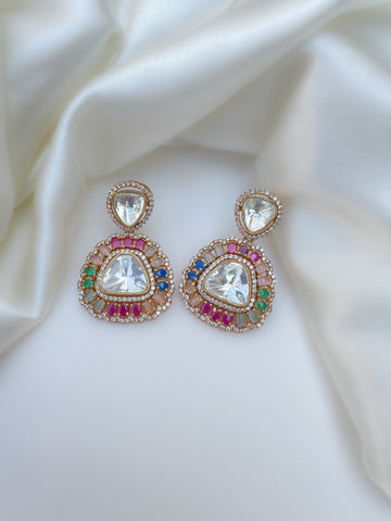 Gold Plated Layered Polki Multi Colour Stone Drop Earring